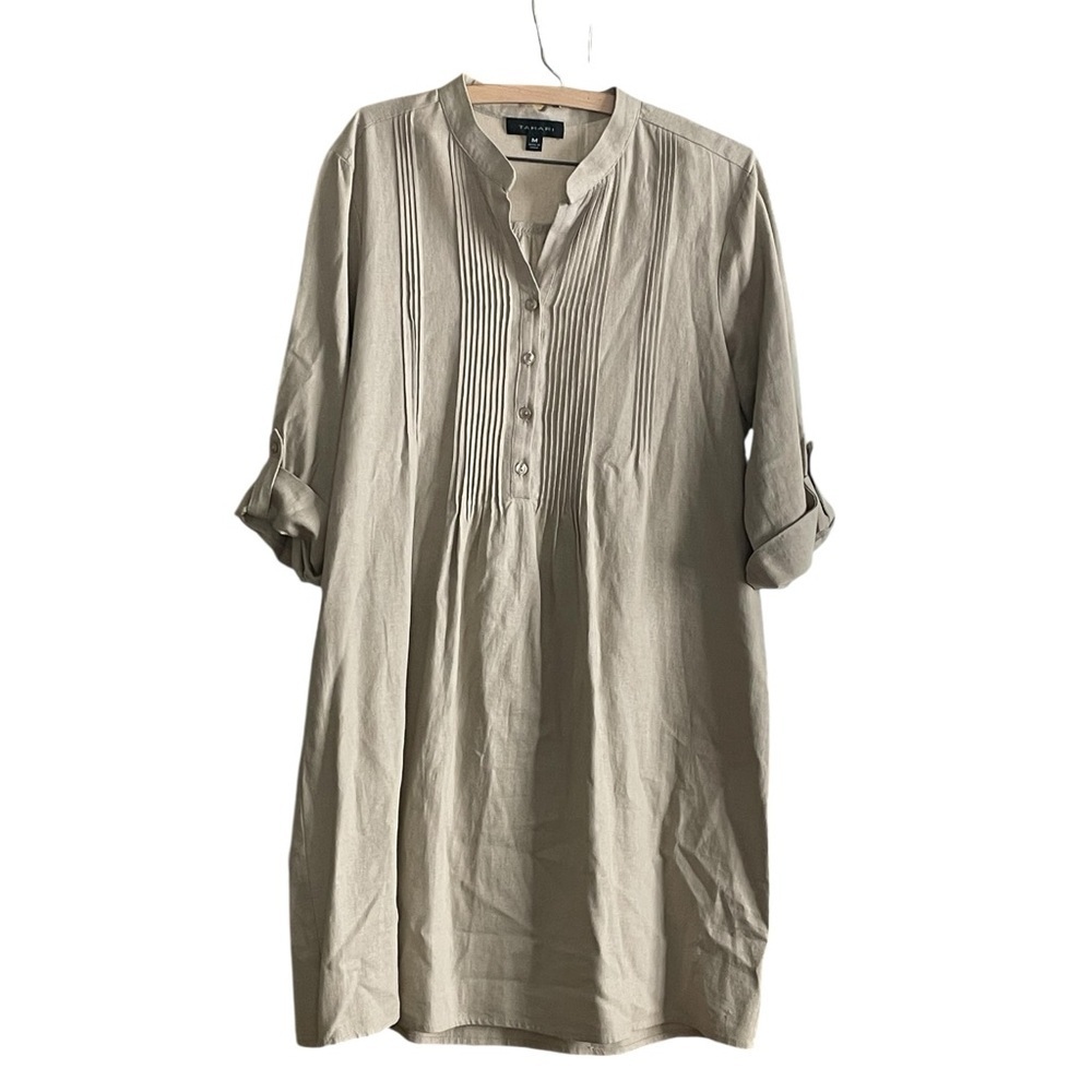 Tahari Pintuck Beige Linen Blend Tunic Dress Size Medium